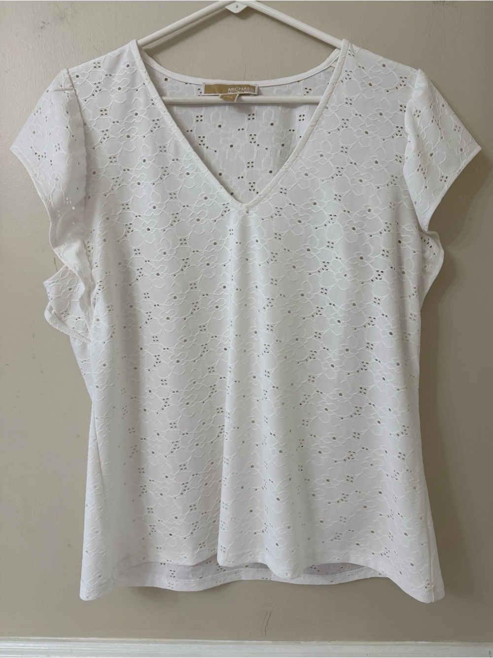 Michael Kors White Eyelet V-Neck Flutter Sleeve Top size large
